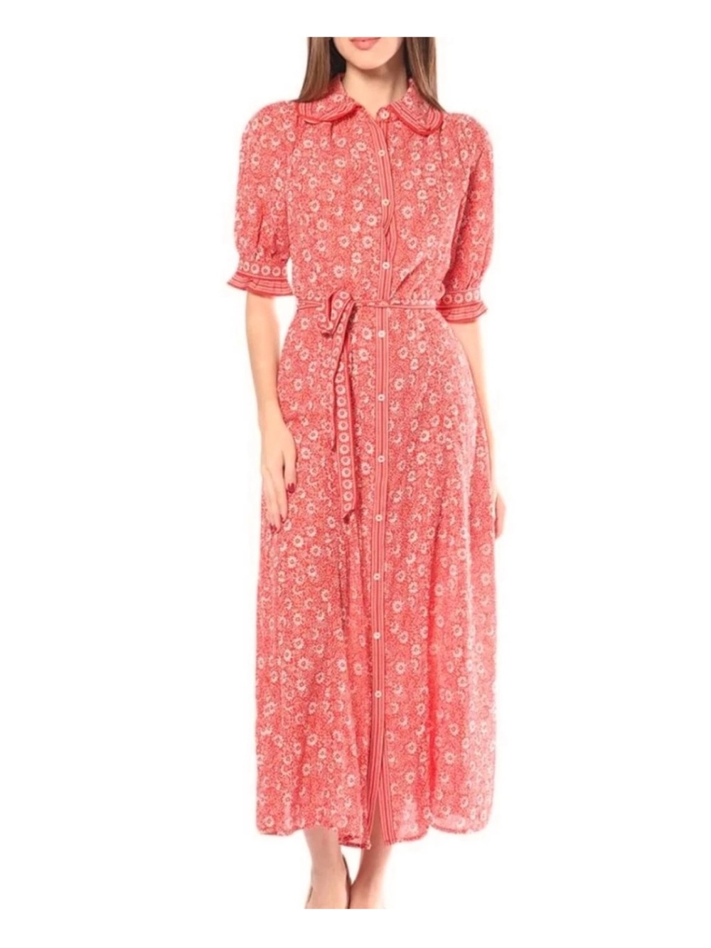 Max Studio Coral Floral Button-Down Maxi Dress with Tie Belt Size Small